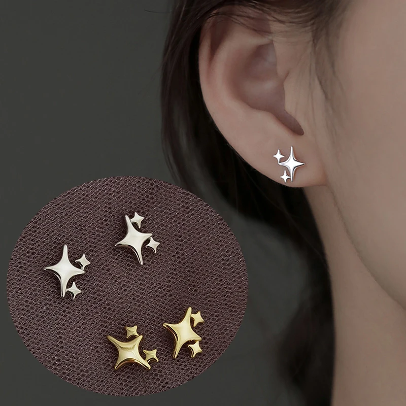 S925 Silver Needle Gold Color Star Small Stud Earrings For Women Girl Korean Tiny Asymmetry Cross Earring Summer Jewelry Gift