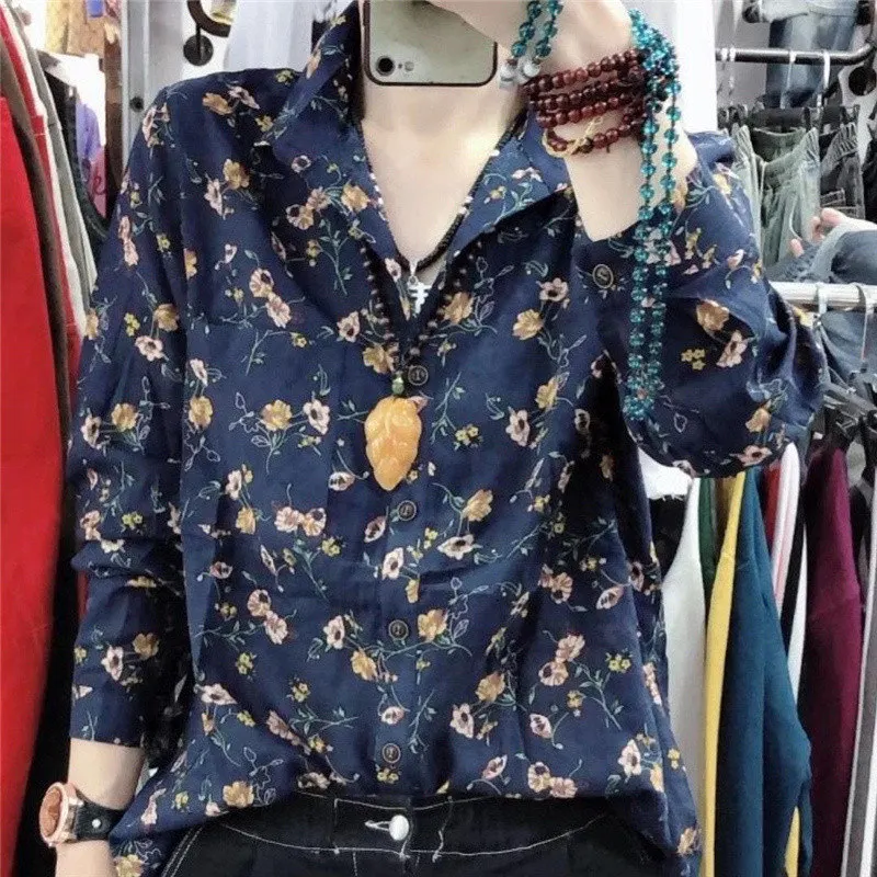 Imagem -03 - Vintage Feminino Floral Impressão Algodão Linho Botão até Camisa Estilo Coreano Casual Solto Manga Comprida Blusa Topo Feminino Roupas