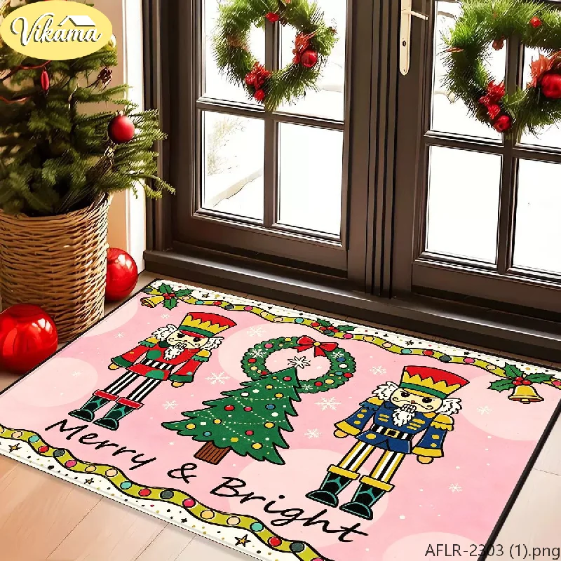 VIKAMA Christmas Doormat Nutcracker Tree Wreath Bells Coir Entrance Doormat for Outdoor Front Door Porch Xmas Home Decor