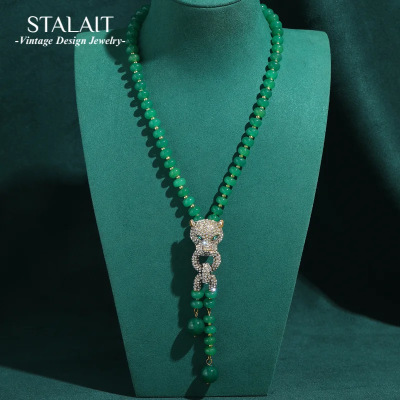

Vintage Beaded Emerald Necklace Leopard Head Tassel Pendant Glass Woman Luxury Designer Jewelry Evening Party Accessories New
