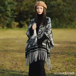 Female Luxury Printing Shawl in Winter Outdoor Warm White Tassel Fashion Ink Wash Pattern Scarf for Women Muslim Female Pashmina