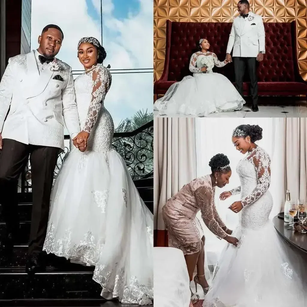 Customized Mermaid Wedding Gowns Sheer Jewel Neck Illusion Long Sleeved Bridal Dress Arabic Lace Appliqued Sweep Train Vestidos