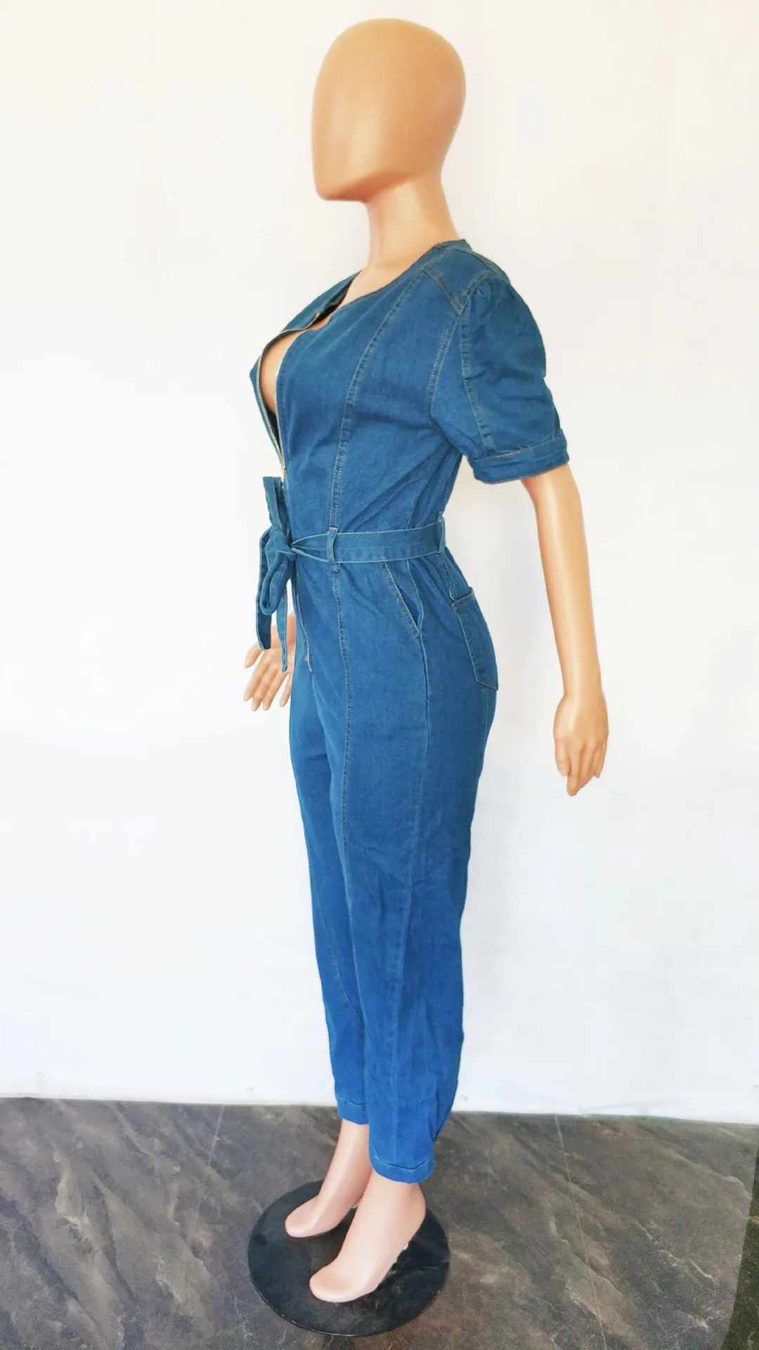 Stylish Women's Denim Romper Summer Short Sleeve Deep V-Neck Loose Comfortable Solid Color Ladies Romper Pants