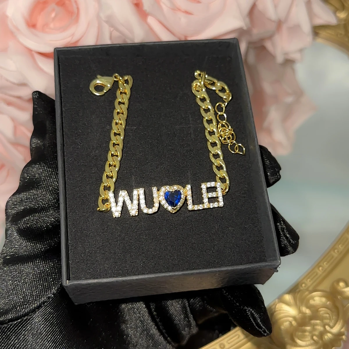 Custom Zircon  Letter Bracelet For Women Heart Colored Birthday Stone Name Bracelet with Thick Cuban Chain Bracelet Fro Women