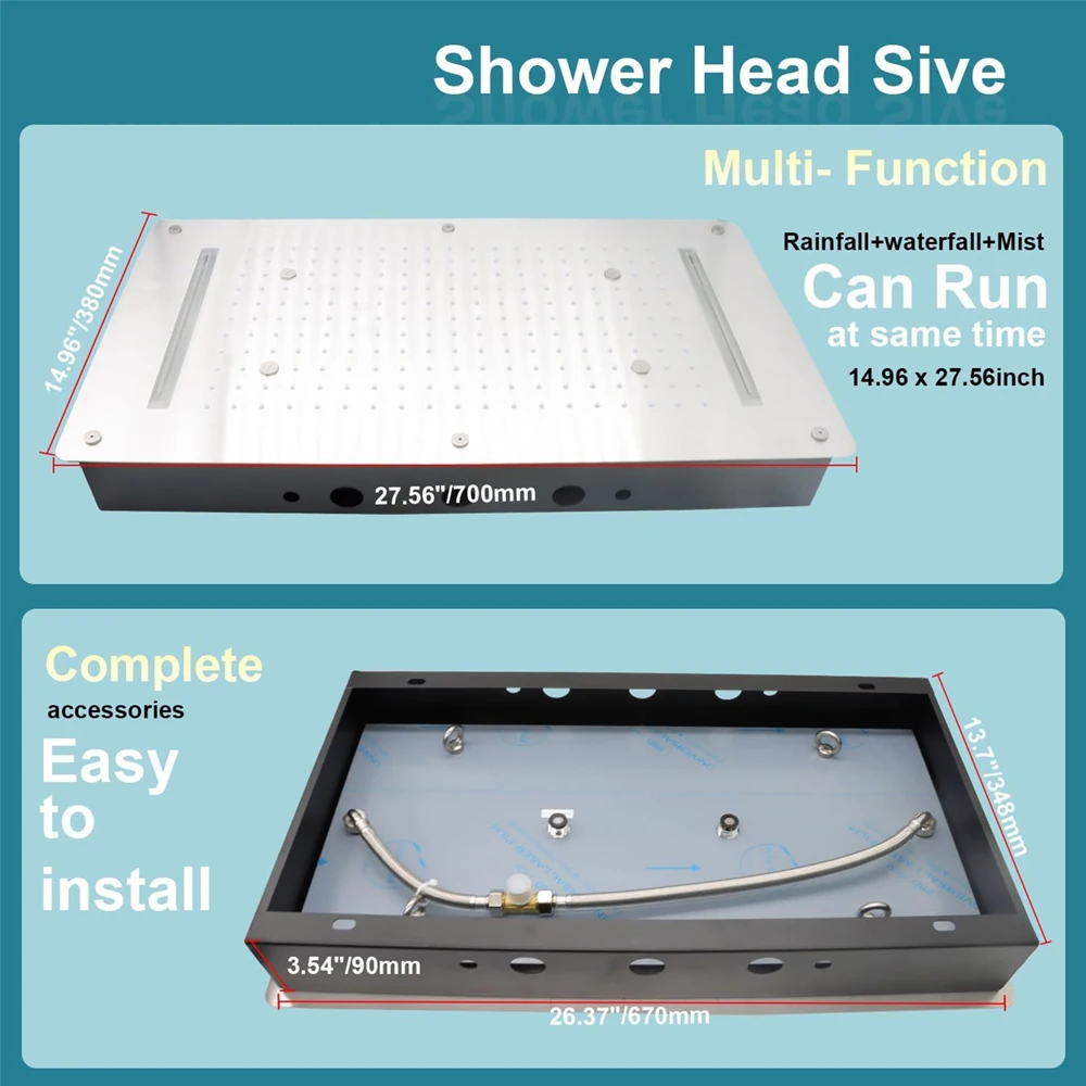 

3 Functions Rain Shower Head 15x28 Inch Large High-Pressure Showerhead Stainless Steel Waterfall Mist Rainfall Shower Head