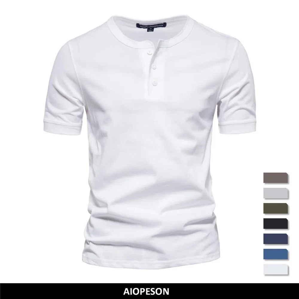 AIOPESON 100% Cotton Henley Collar T Shirt Men Casual High Quality Summer Short Sleeve Mens T Shirts Fashion Basic T-shirt Male