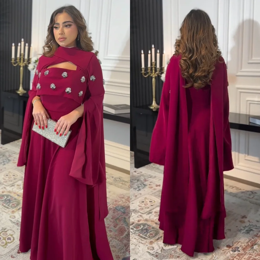 

Customized Jersey Sequined Ruched Celebrity A-line High Collar Bespoke Occasion Gown Long Dresses