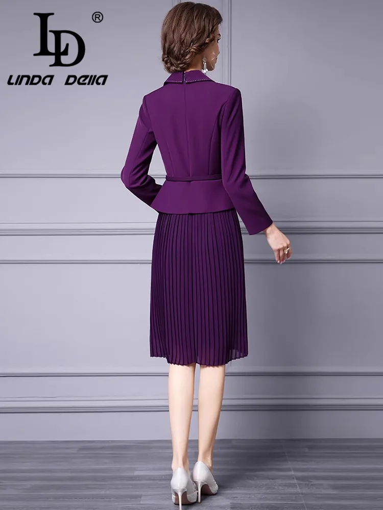 LD LINDA DELLA Autumn Winter New Style Commuter Designer Women\'s Dress Notched Slim-Fit Hip Wrap Pleated Splicing Lace-UP Dress