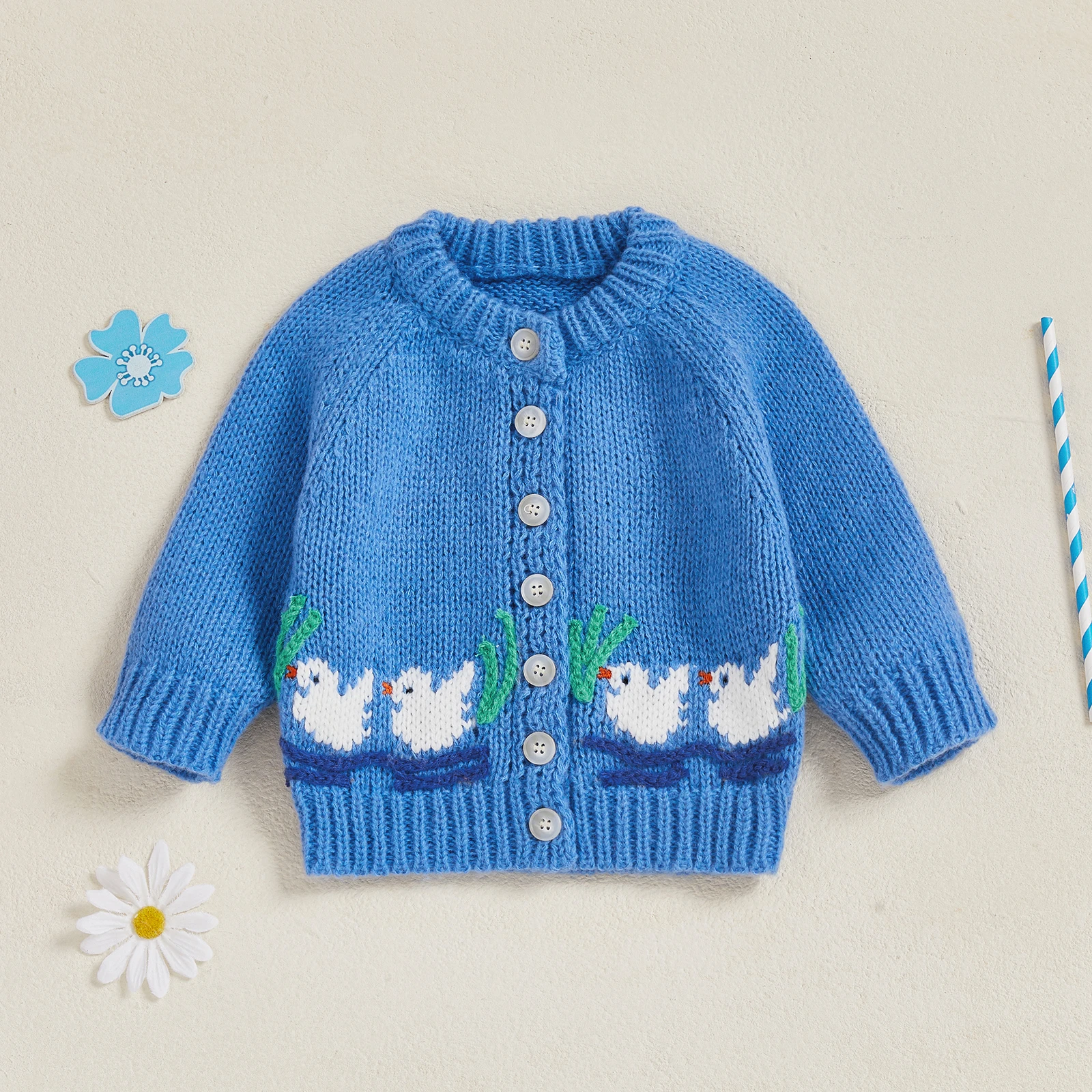 Cárdigan con botones para bebé, suéter tejido de algodón para otoño e invierno, prendas de punto con cuello redondo y patrón de pato, ropa cálida para niños pequeños
