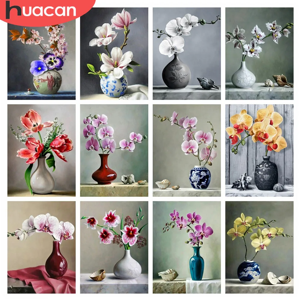HUACAN Diamant-Gemälde, Orchideenblume, voll, quadratisch, rund, Diamant-Mosaik-Set, Blumenmuster, Heimdekoration, Bilder, Strasssteine