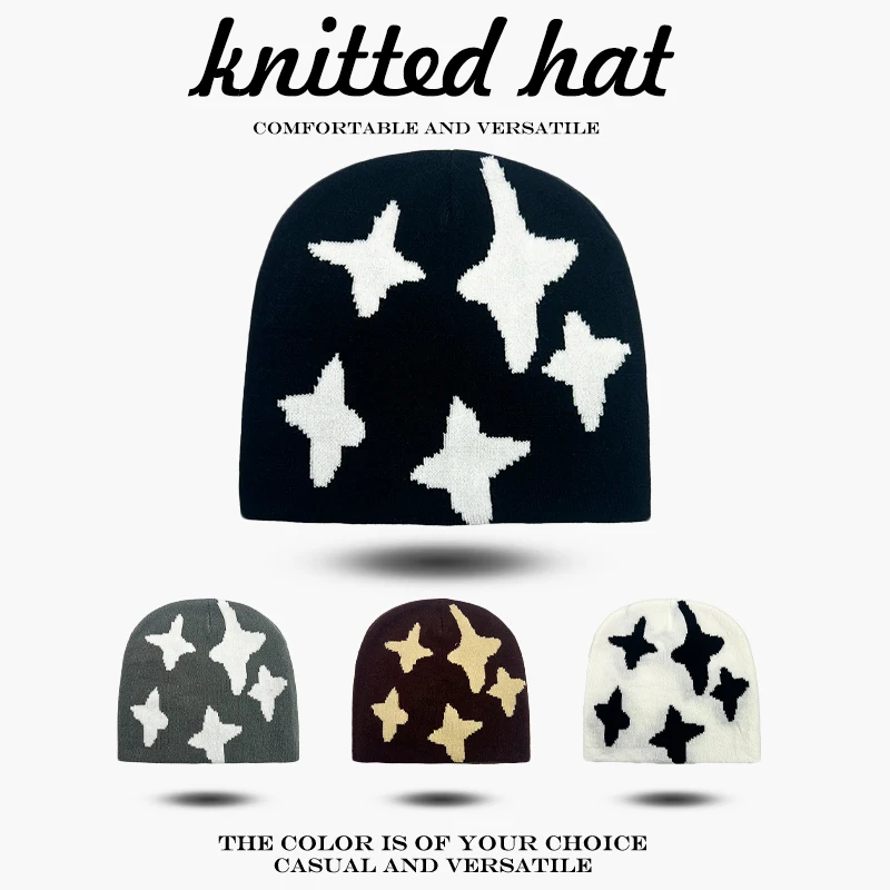 

Warm Cartoon Casual Fashion Design Style Beanies Simple Versatile ins Outdoor New Men Women Funny Jacquard Stars Knitted Hats