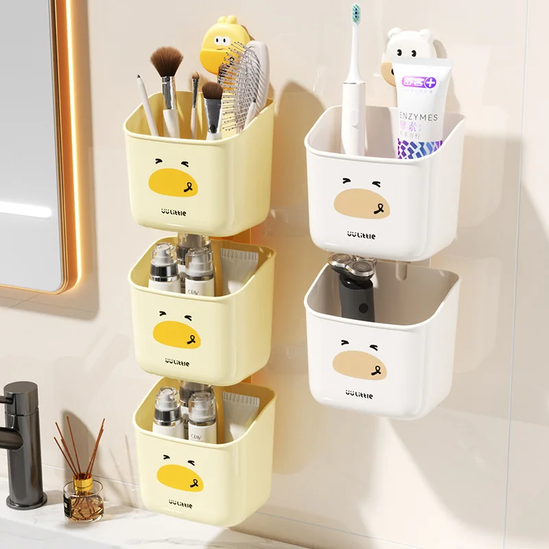 صندوق مثبت على الحائط بدون كوب شفط بدون حفر، تخزين مكياج الحمام، حامل البصل/الزنجبيل/الثوم، سيناريو رطب وجاف