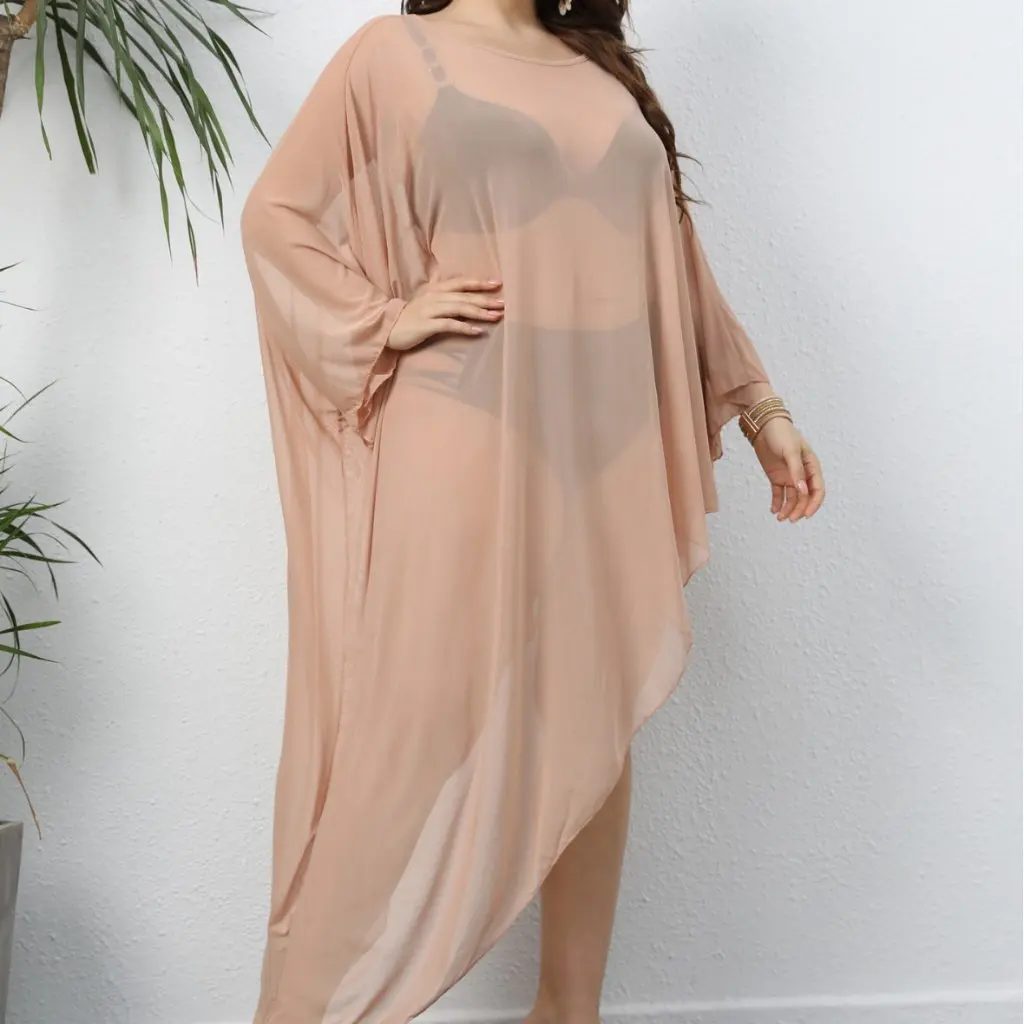 

European And American Style Women's Hand Hook Stitching Mesh Bikini Blouse Sexy Perspective Beach Dress plus Size F1978