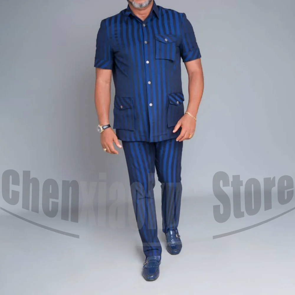 Men Striped Suit 2 Piece Short Sleeve Single Breasted Blazer With Multi Pockets And Pants Casual Party Business Daily Outfit