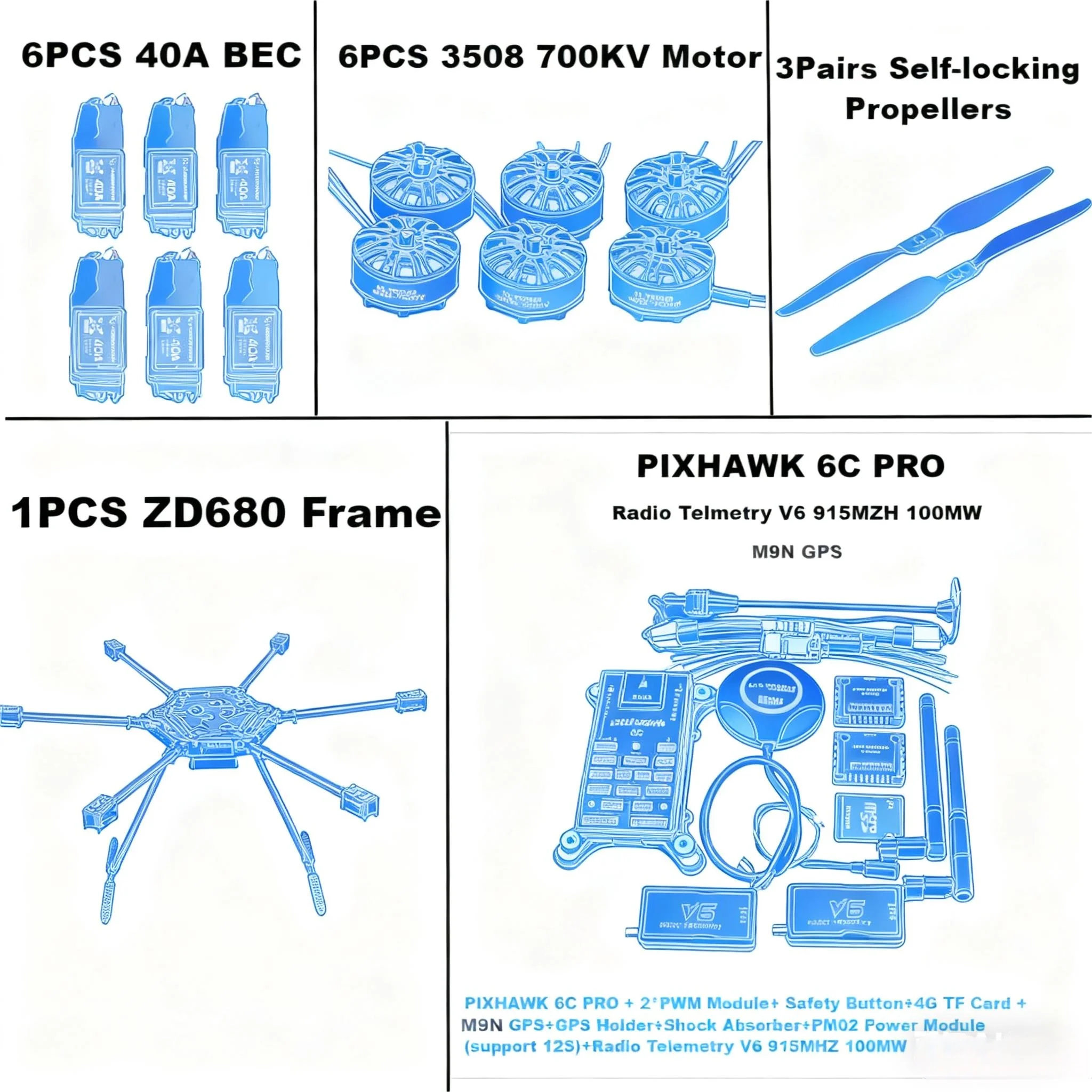 

ZD680 6C PRO M8N M9N M10 Полностью углеродное волокно, шестиротор, складной рычаг, комплект рамы для гексакоптера PIXHAWK с несъемным шасси