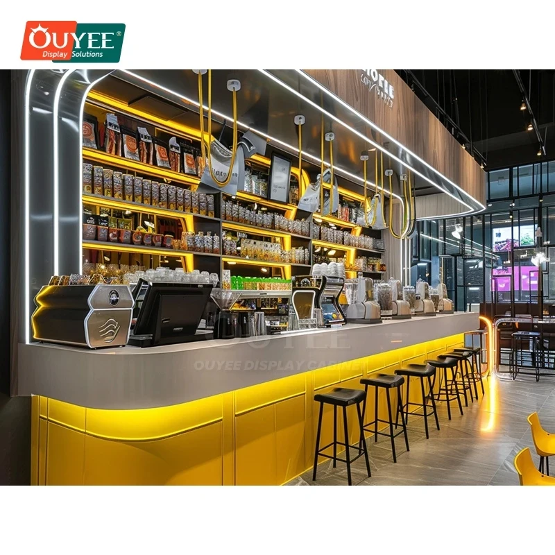 custom.Durable Espresso Bar Full Service Coffee Shop Installation Project Heavy Duty Retail Shelving