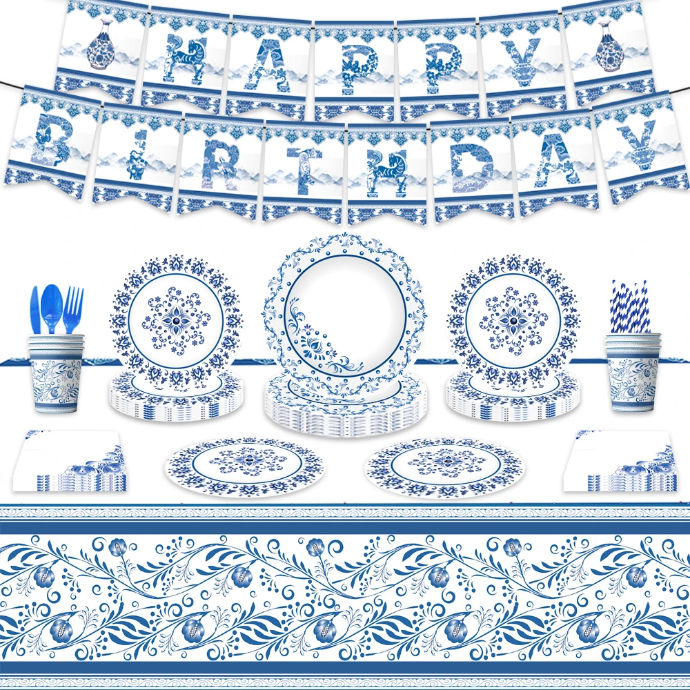 Blue&White Porcelain Theme Birthday Decorations Party Disposable Tableware Paper Napkins Cups Plates Tablecloths Straw