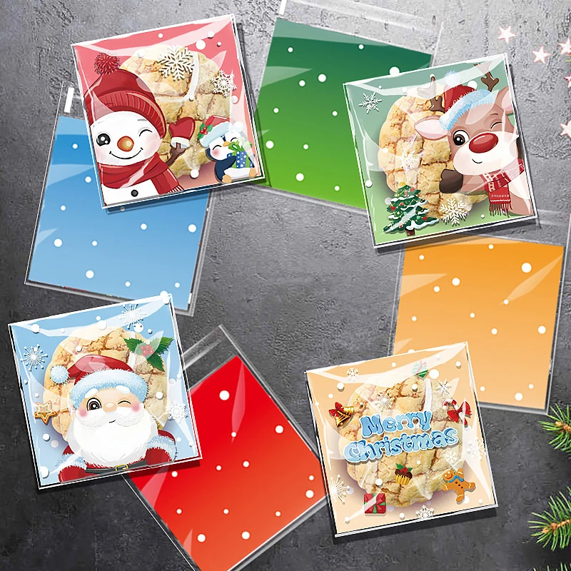 100Pcs Christmas Candy Cookie Gift Bags Plastic Self-adhesive Biscuits Snack Packaging Bags Xmas Party Decor Favors