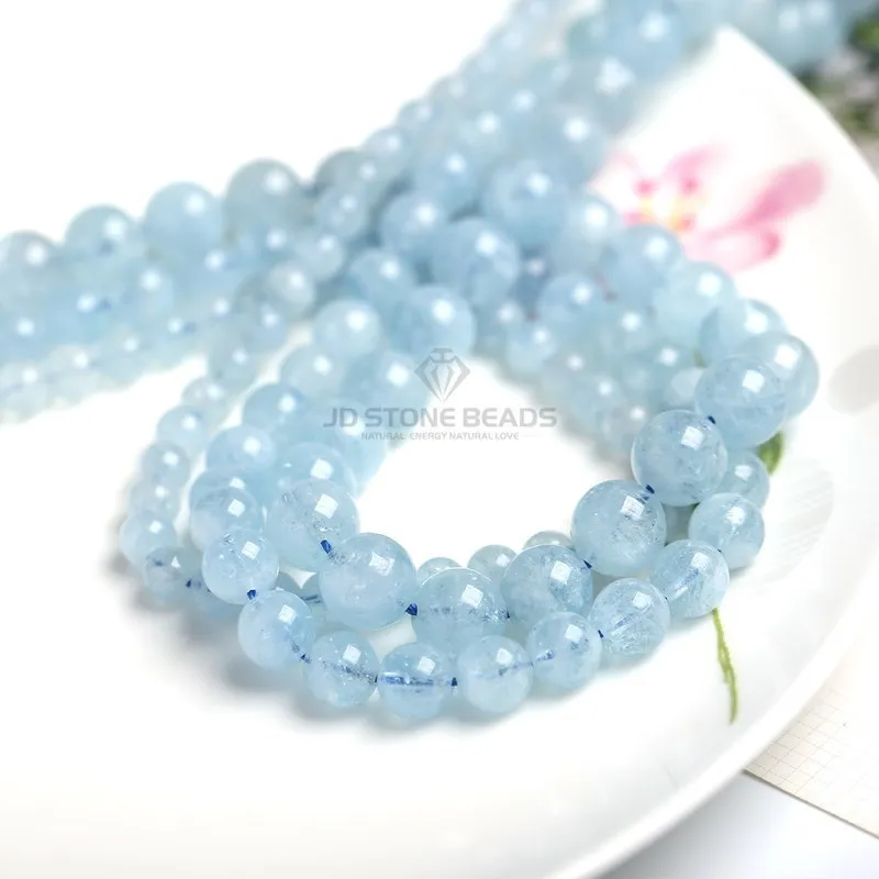 Natural Blue Aquamarine Stone Round Loose Spacer Smooth Beads Sea Water Gemstone For Jewelry Making 4 6 8 10mm DIY Accessories