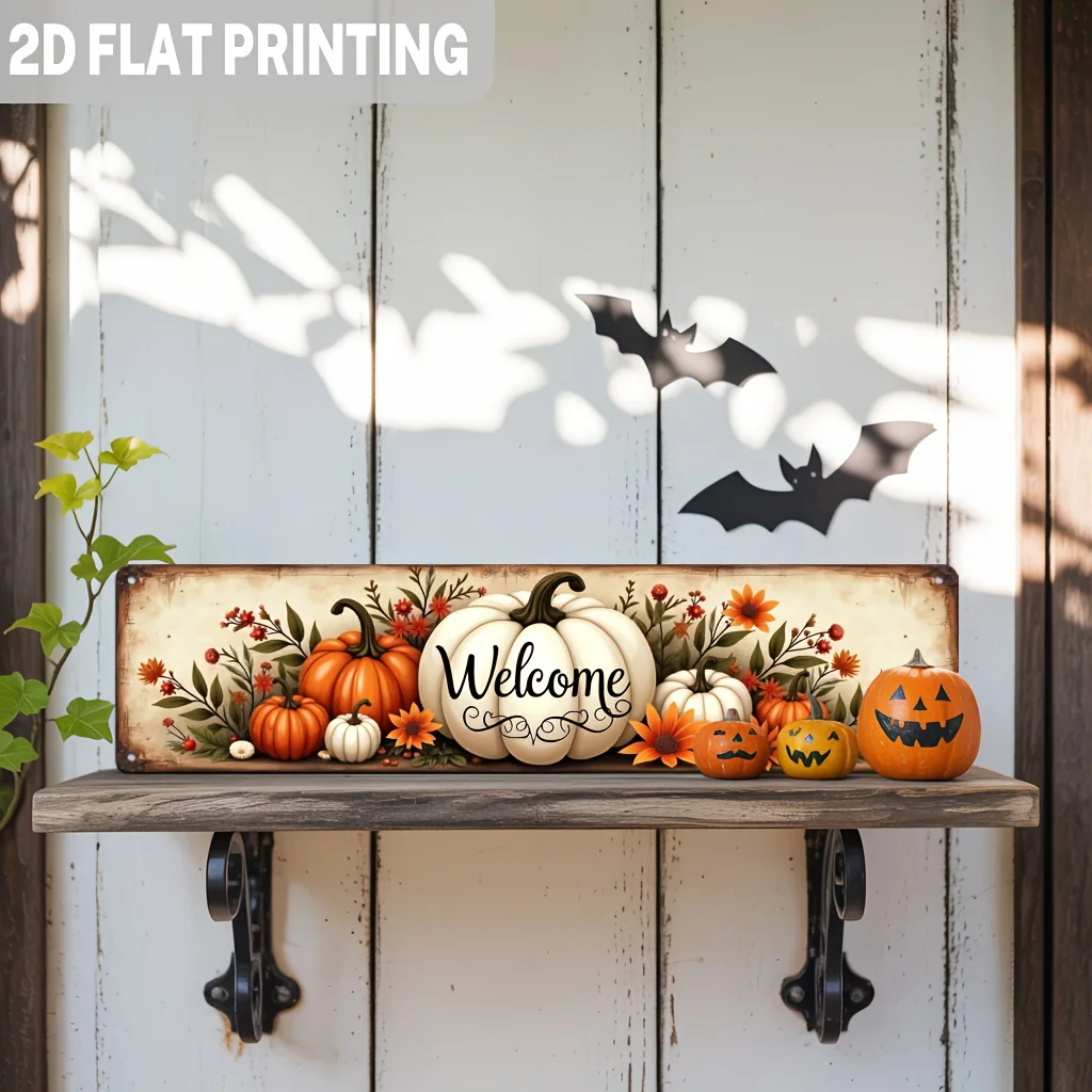 2D Flat, 1 Pc Pack, Rustic Style Welcome Metal Sign, Autumn Pumpkin Pattern Wall Hanging, Suitable for Halloween, Thanksgiving