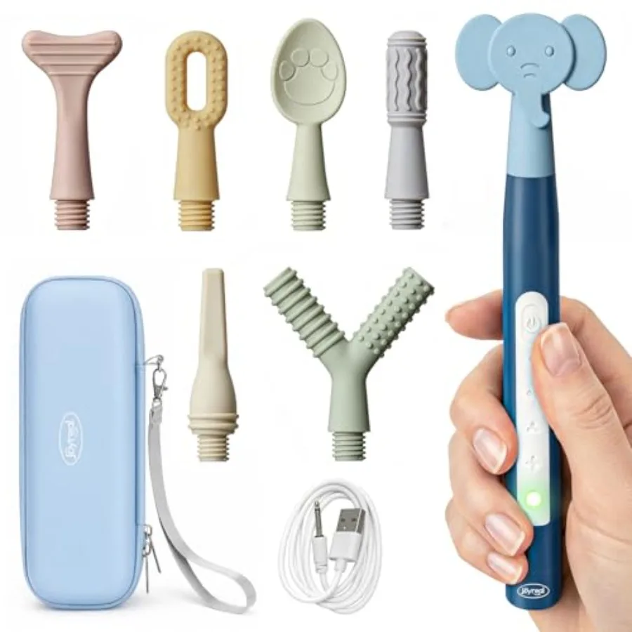 

Rechargeable SensoryBuzz Oral Motor Vibration Kit with 7 Textured Silicone Heads - 4 Modes Vibrating Teether Autism Sensory Pro