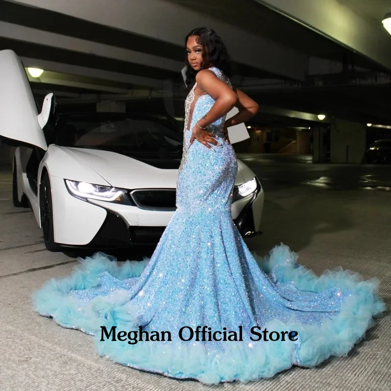 Sukienka na studniówkę w stylu syreny, seksowna, w kolorze błękitnym, z cekinami, szyta na miarę przez Meghan, dla czarnoskórych dziewczyn, zdobiona srebrnymi kryształkami, afrykańska suknia na przyjęcie urodzinowe.