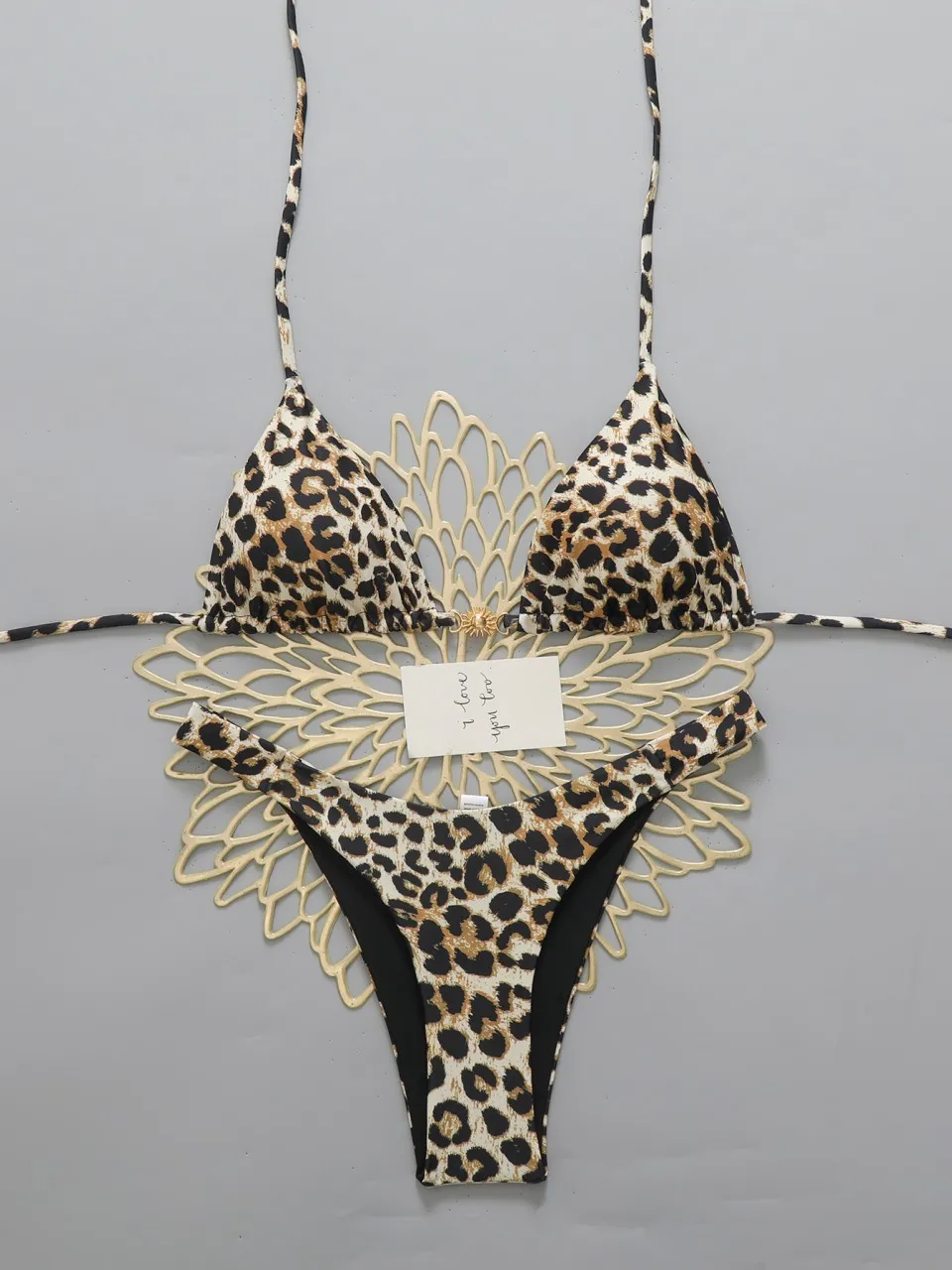 2026 String Halter Bikini Leopard Swimsuit Women Metal Linked Swimwear Female Bathers Bathing Swimming Suit Padded Beachwear