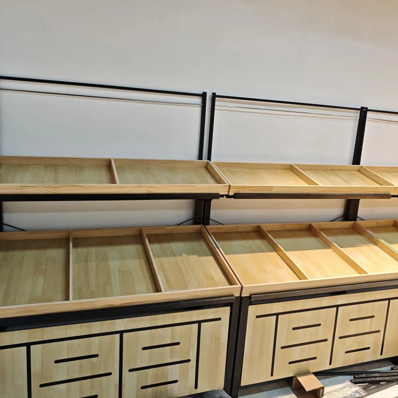 custom.Wall-Mounted 3-Tier Wooden Produce Display Cabinet LED Lighting Metal Frame Tilted Bins Base Supermarket Fix