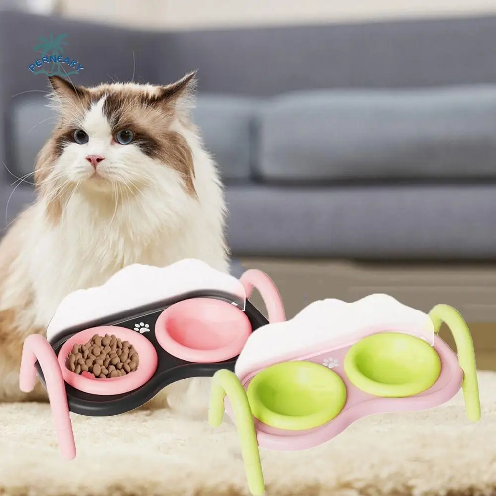 

Ceramic Cat Double Bowl High Foot Design Anti-Tip Pet Elevated Raised Bowls Neck Protection with Stand Cat Food Pot Eating