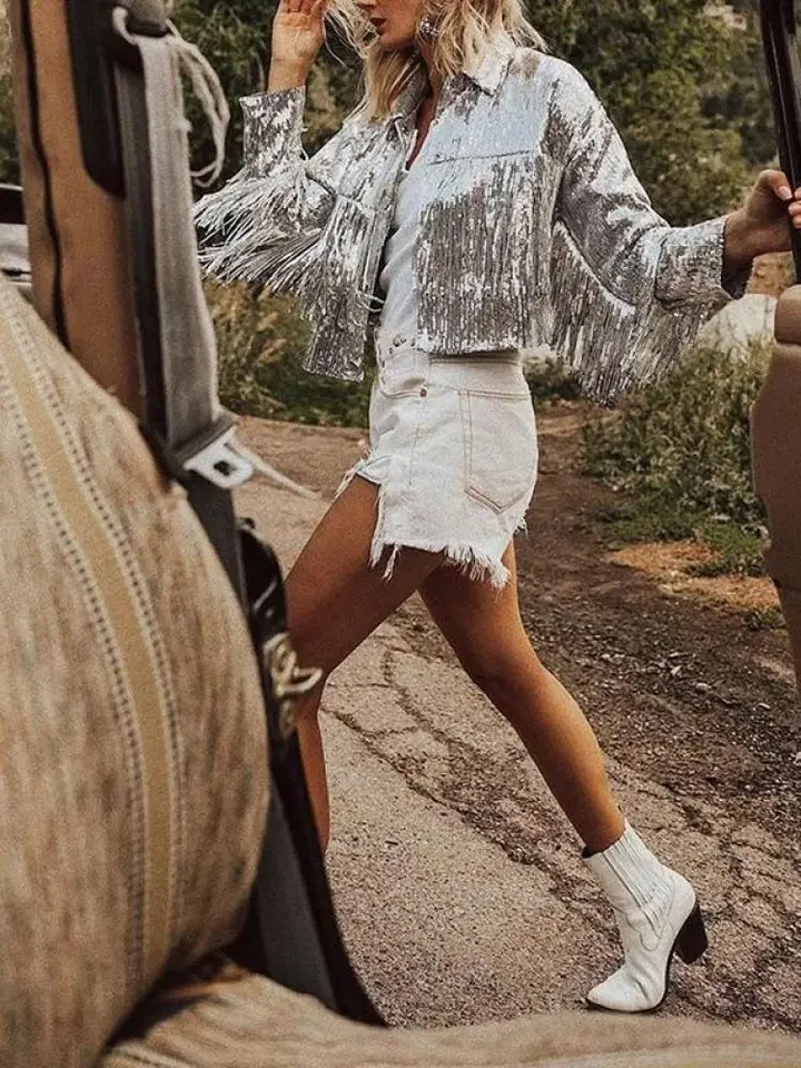 Tassel Sequin Jacket Zipper 2023 Autumn Winter Streewear Rock Bf