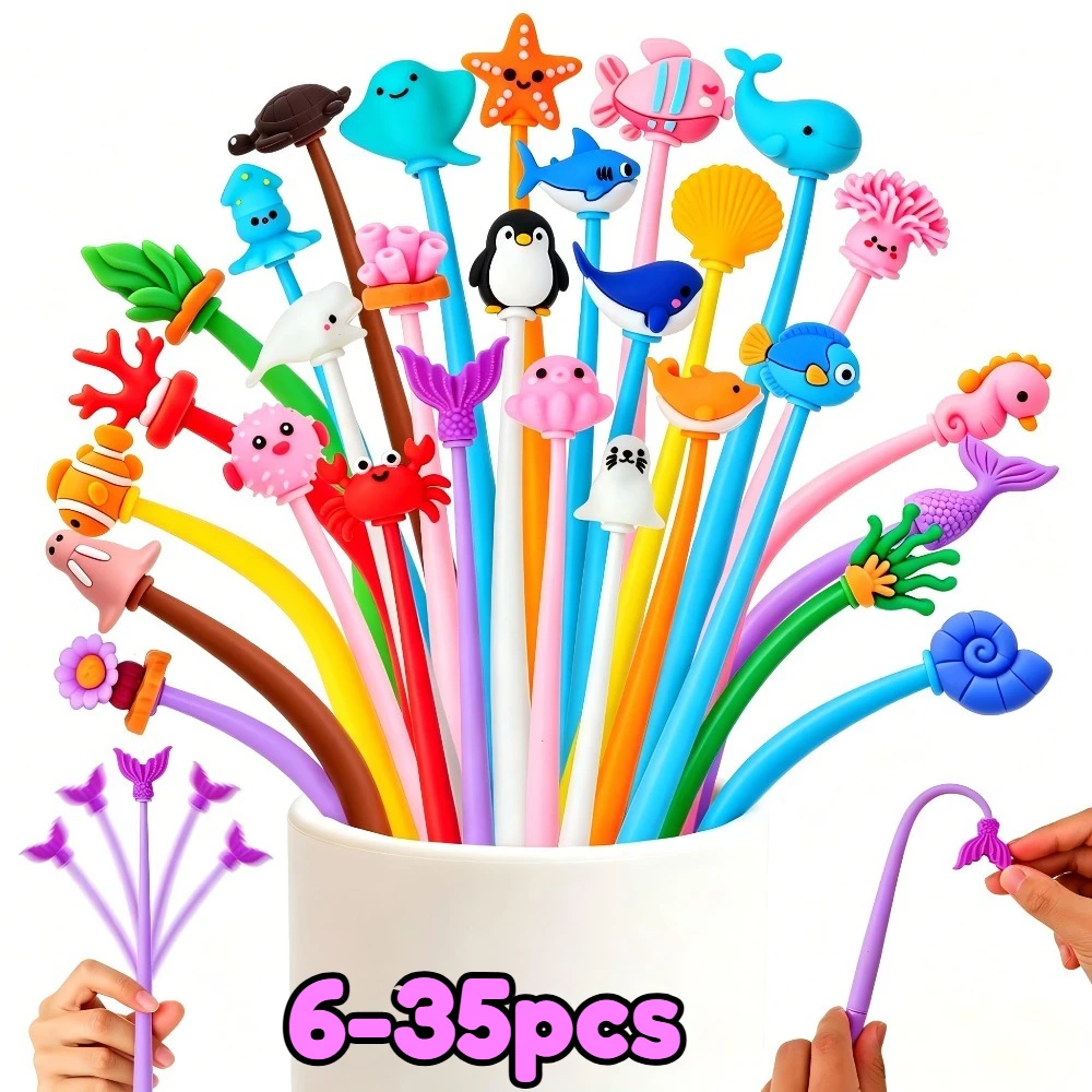 6-35 stylos gel neutres en plastique, pointe de 0,5 mm, avec motif animaux marins de dessin animé, avec embout agitateur anti-stress, fournitures de papeterie pour l'écriture quotidienne des étudiants, prix
