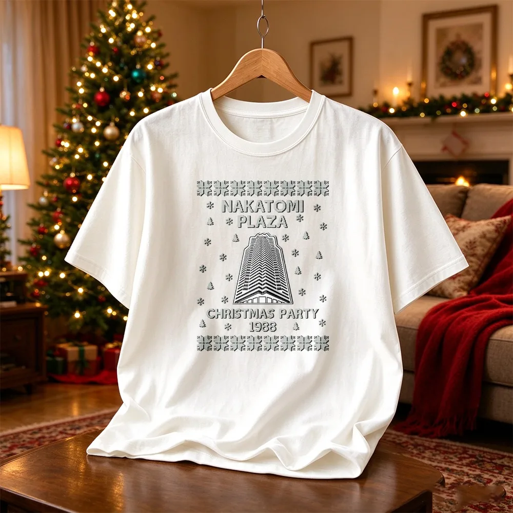 Funny Die Hard Christmas T-Shirt Nakatomi Plaza 1988 Party Ugly Xmas Sweater Graphic Tee Men Cotton Short Sleeve Navy Blue Gift