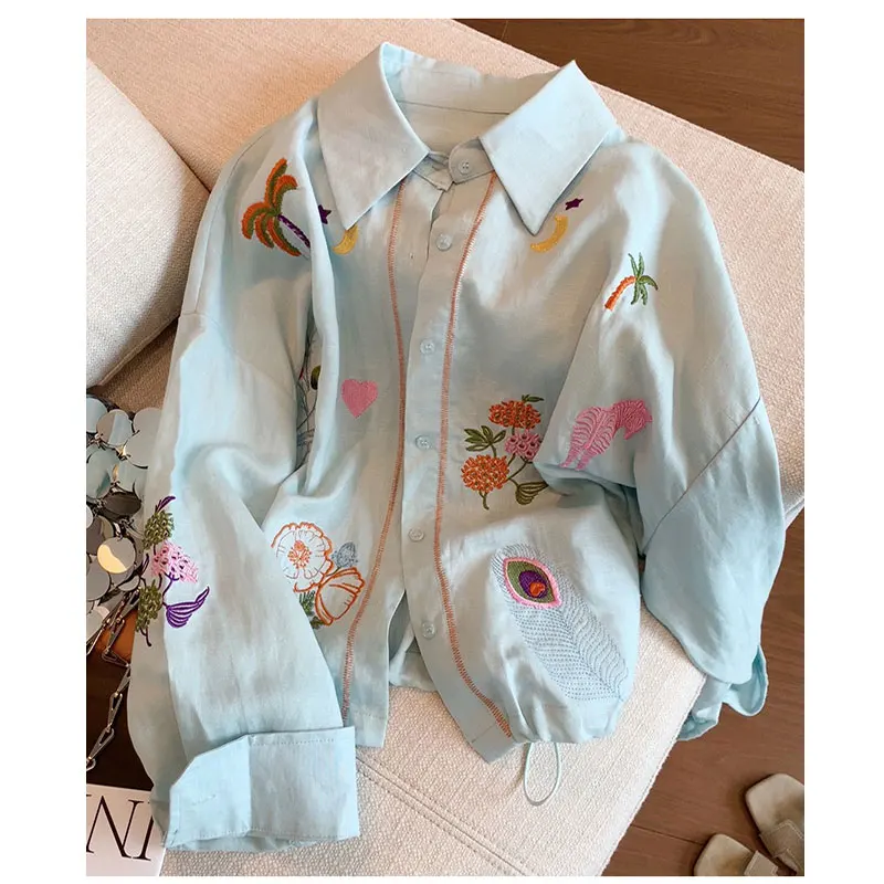 

Blue Heavy Embroidery Linen Sun Protection irt Women's Shirt Summer New Fashion Loose Long-Sleeved Thin Tops Outerwear