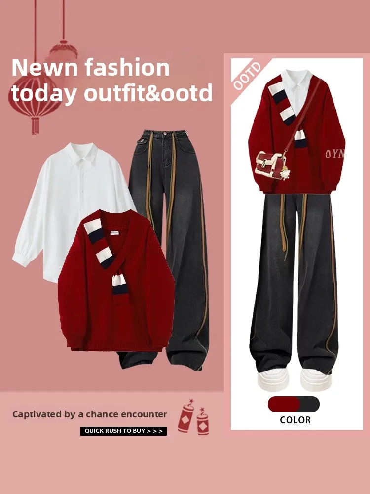 

Loose Casual Knitted Red V-Ne irt And Pants Set plus Size Inner Wear Comfortable Breathable Faionable Spring Collection