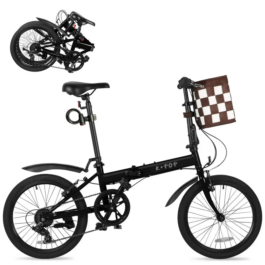 20 Inch Folding Bike for Adults, 7 Speed Foldable Bike with Basket, Lightweight Folding Bicycle with Adjustable Seat Front