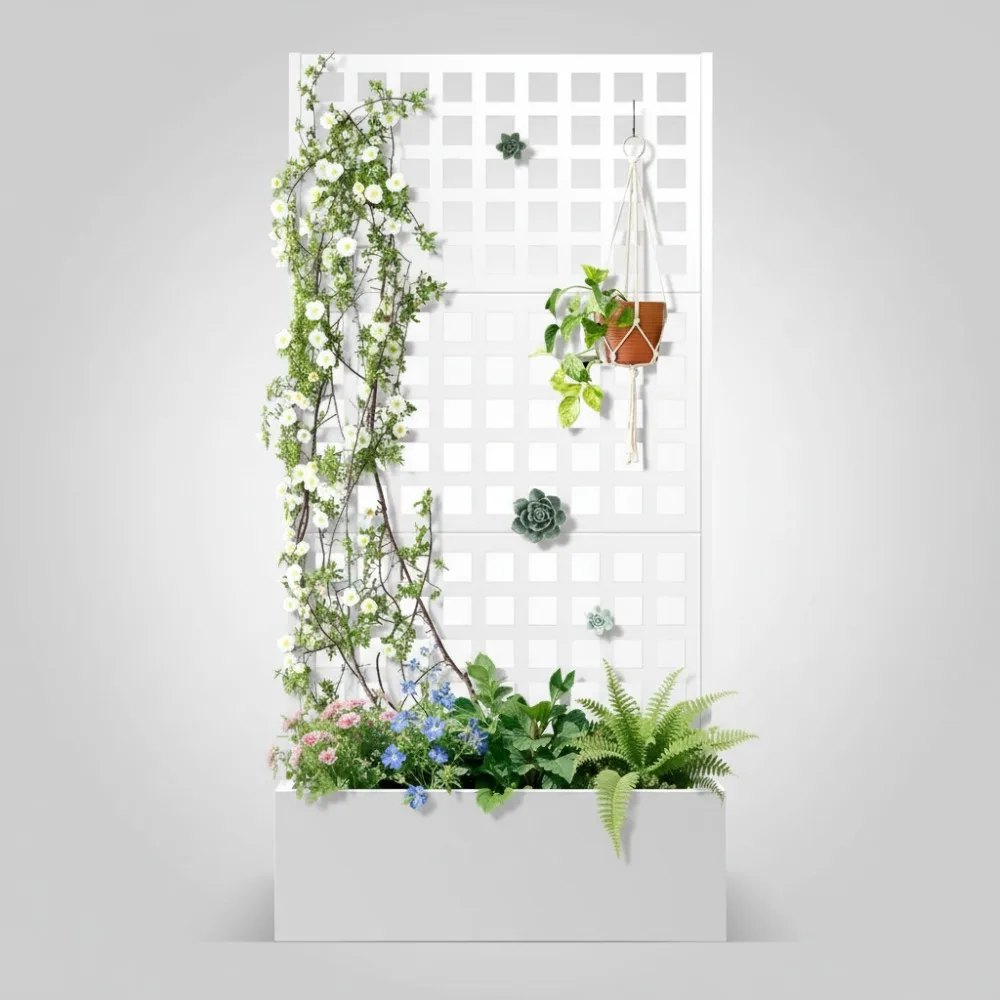 

Metal Raised Garden Bed with Trellis, Planter Box for Climbing Plants Vegetables, 35x16x71 Inch White Outdoor