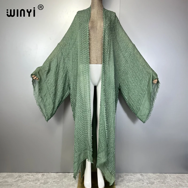 WINYI เรขาคณิตพิมพ์กิโมโน kaftan beachwear เสื้อสเวตเตอร์ถักชุดราตรี abaya ดูไบหรูหรา cover-ups ชุดชายหาดผู้หญิงชุดยาว