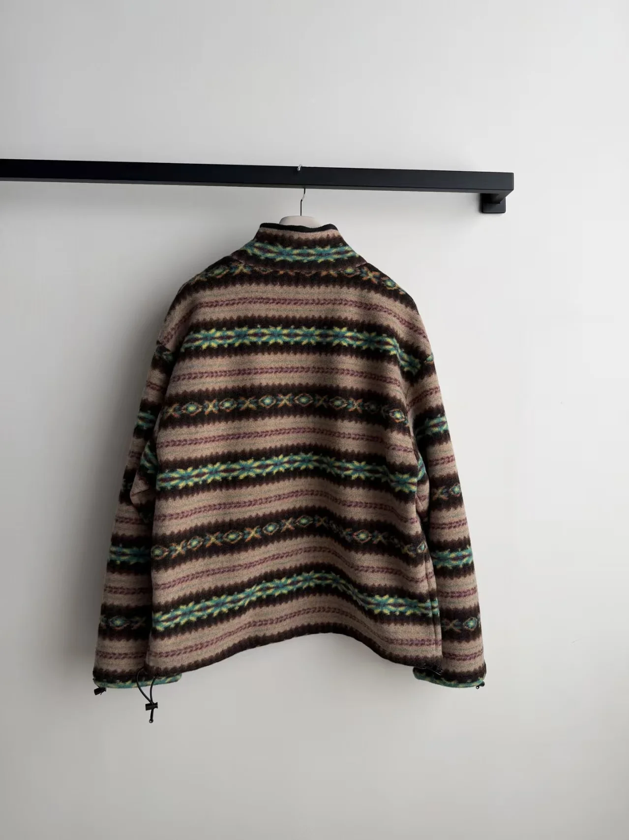 Autumn and winter new vintage jacquard texture fleece fabric loose stand collar full zipper drawstring hem adjustable jacket
