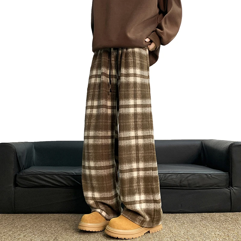 Fashion Plaid Pants Baggy Elastic Waist Hip Hop Loose Trousers  Korean Streetwear Wide-legged Pants Unisex Casual Trousers