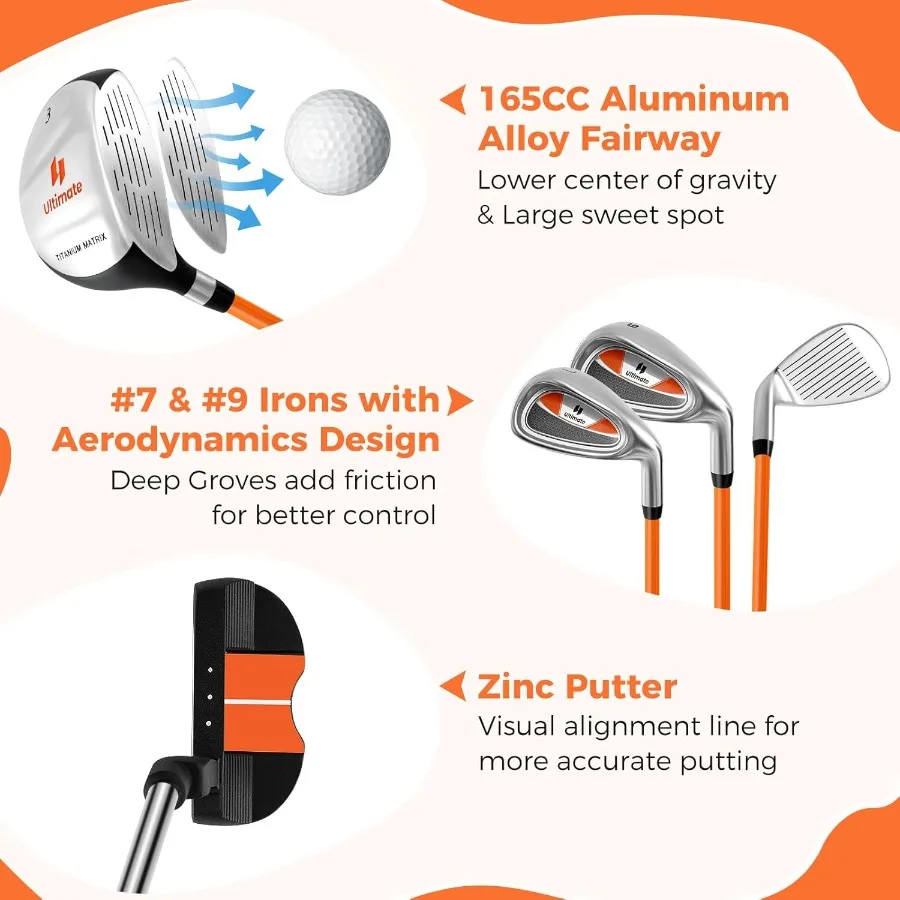 Przenośny zestaw golfowy dla młodzieży dla praworęcznych zawiera 3 fairway wood, żelazka 7 i 9, putter i torbę golfową z podstawką, idealny do nauki grających w golfa.
