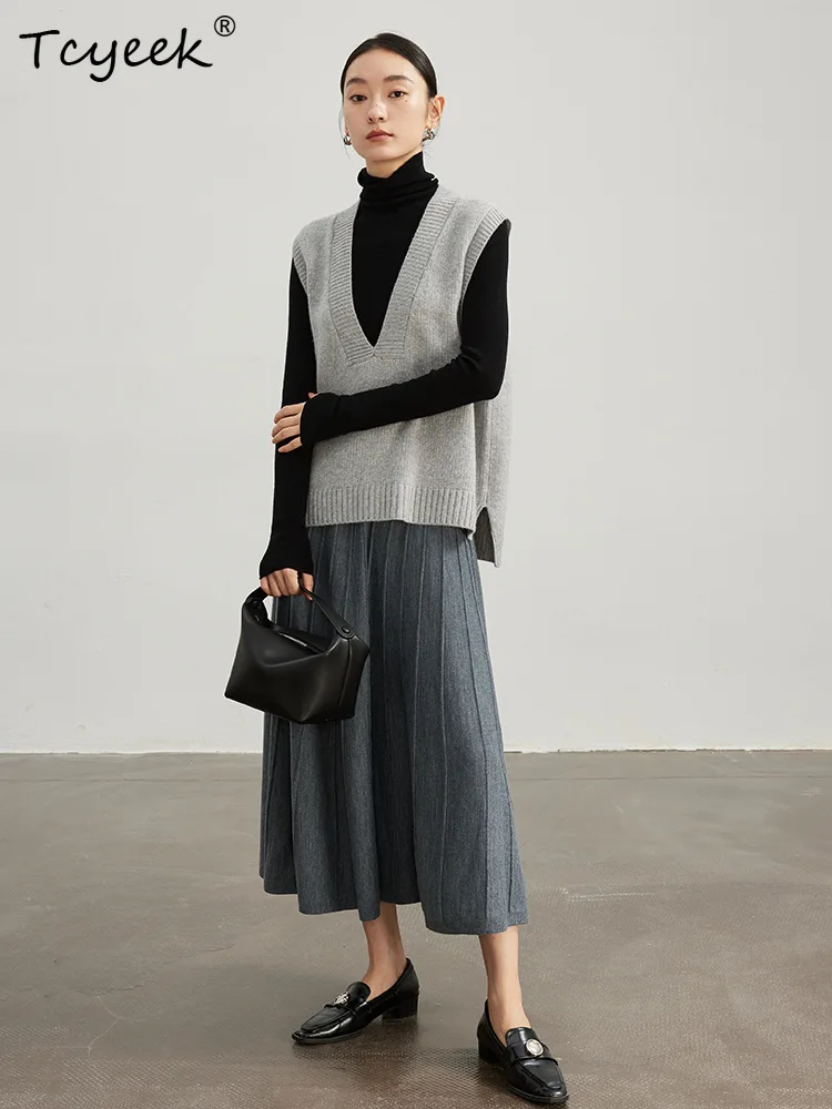 

Tcyeek, 100%Pure Wool Elegant Vest Sweaters, Women Sleeveless V Neck, Collocation Bottom Pullover, 2024 Autumn Winter T48141QM