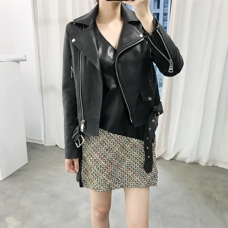 FMFSSOM Women Pu Leather Jacket Spring 2024 Zipper Belt PU Coat Autumn Female Soft Black Motorcycle Long Sleeve Outwear