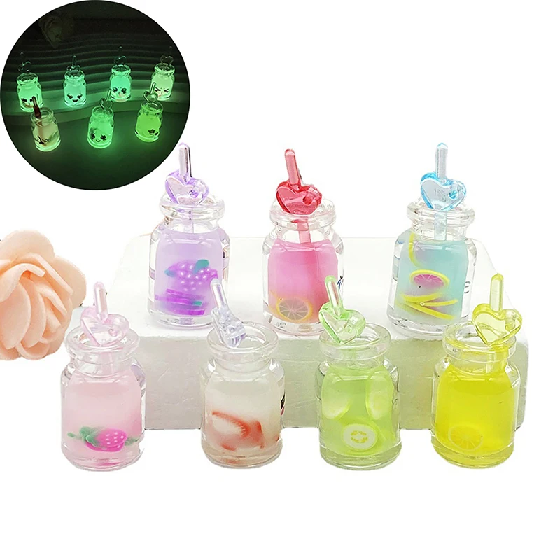 5Pcs Cute Luminous Mini Resin Drink Cup With Straw Car Ornaments Creative Car Interior Toys Decorations Random Color