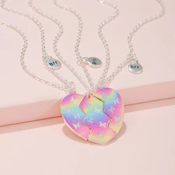 3Pcs/set Rainbow Butterfly Glitter Peach Heart Pendant for 3 Girls Besties Friendship BFF Necklaces Best Friend Jewelry Gifts