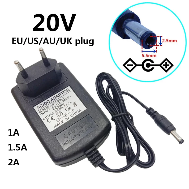 20V 1A 1.5A 2A AC to DC Power Adapter Supply 110V 220V Adaptor Converter 20 Volt 2000mA 5.5mmx2.5mm EU US UK AU Plug Transformer