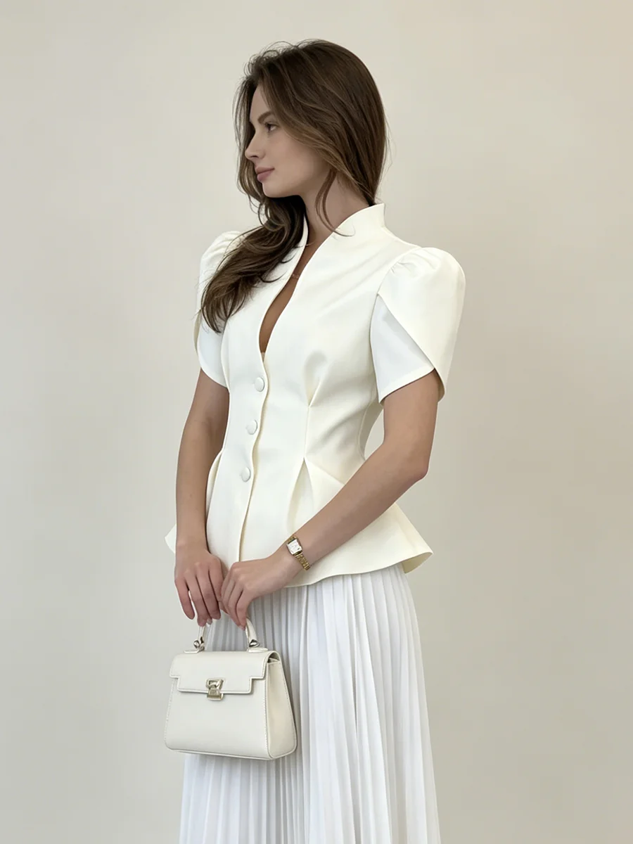 LIMO Elegant Puff Sleeve Blazer Top, Women's V Neck Button Up Peplum Office Blouse, White