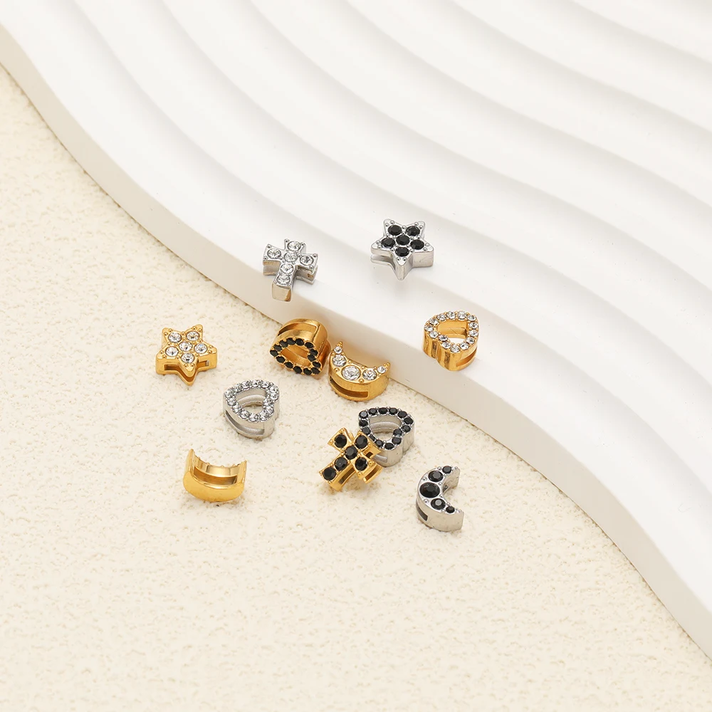 5Pcs 18K Gold Stainless Steel Heart Cross Star Beads Zircon Hole Bead Charm for DIY Necklace Bracelet Jewelry Making Accessories