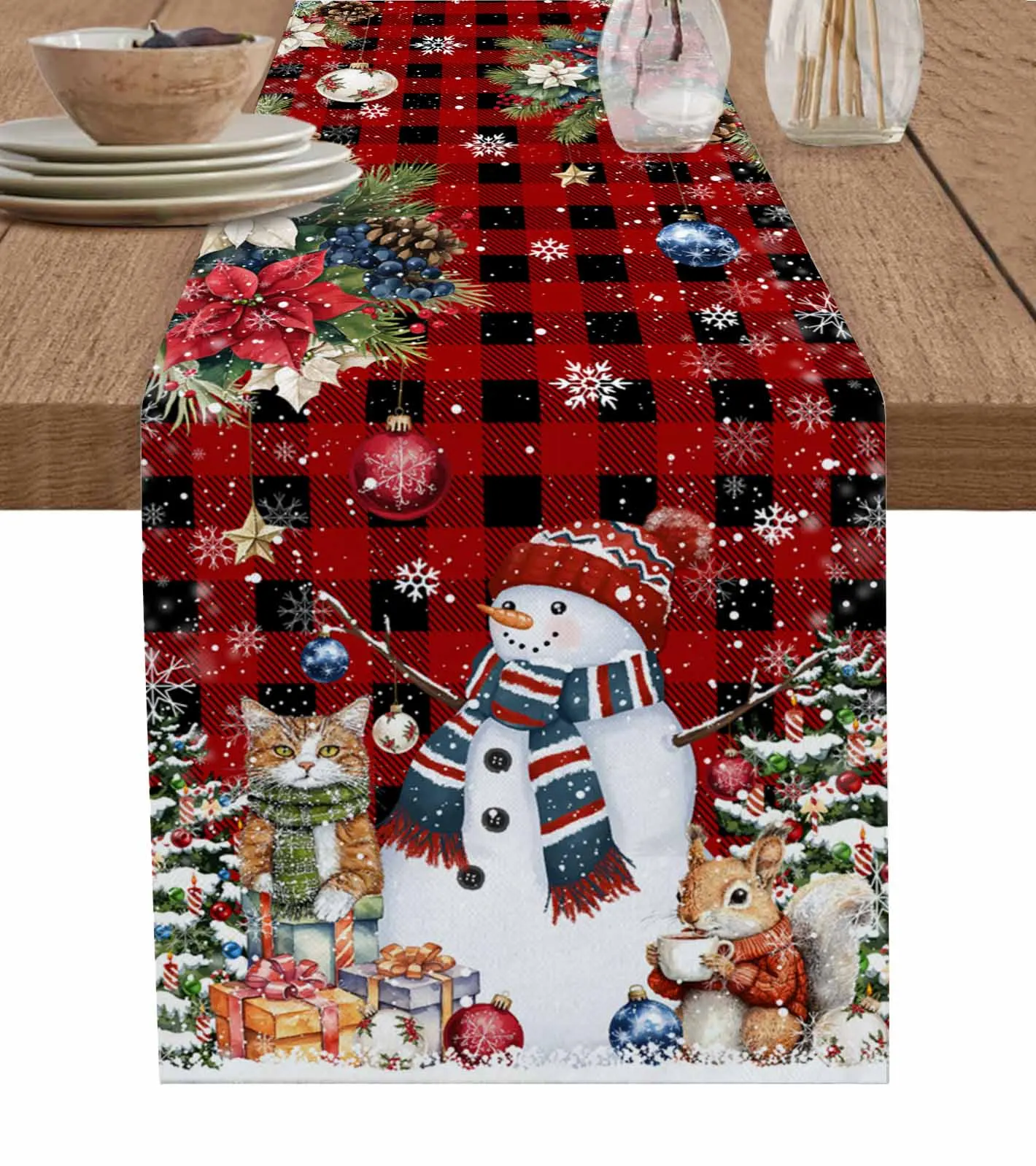 Christmas Tree Snowman Cat Squirrel Snowflake Ball Plaid Table Runner 2024 Home Decoration Xmas Ornament Navidad New Year Gift