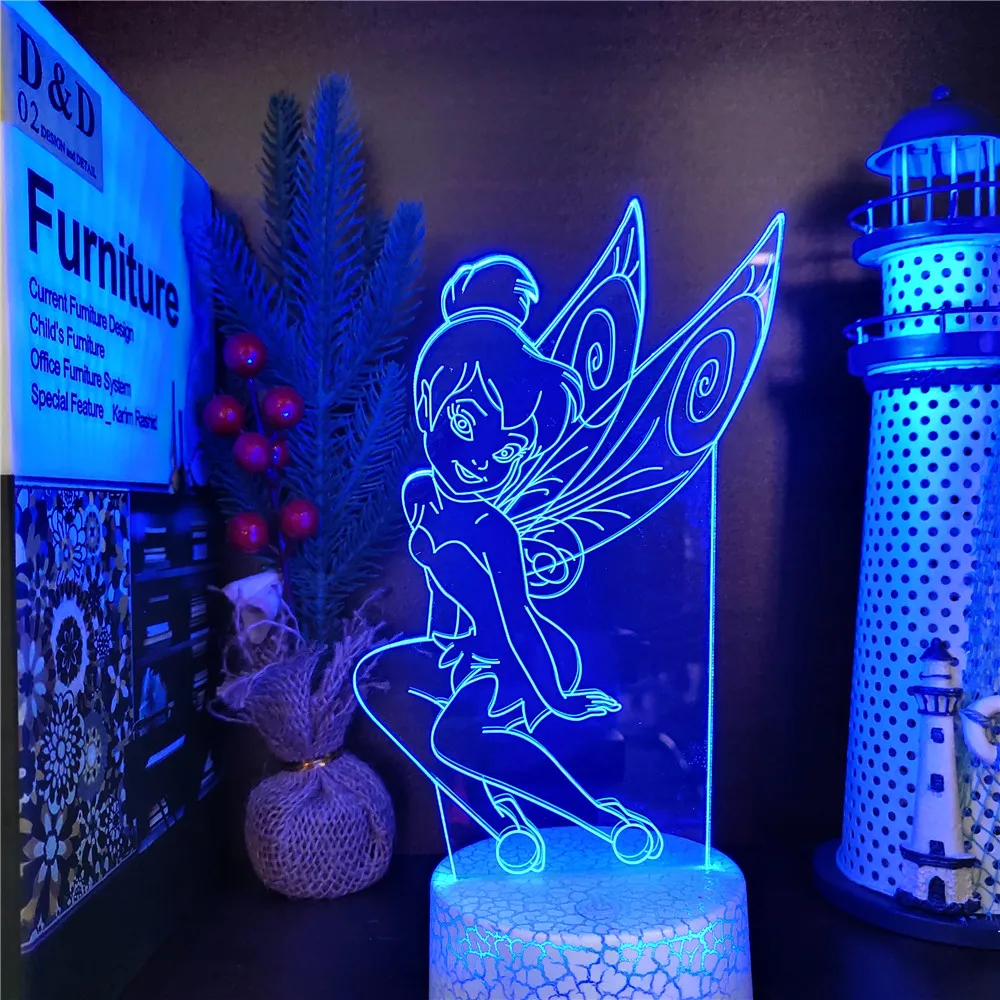 Frozen Princess 3D Visual Lamp Anna Elsa Figurine Tinker Bell LED Night Light Acrylic Illusion Table Lampara Home Toys Lighting