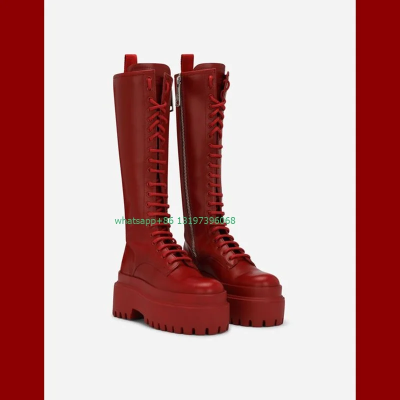 

Lady red PU lace-up knee-length boots platform causal daily dress runway boots side zip footwear height top flat boots shoes 46